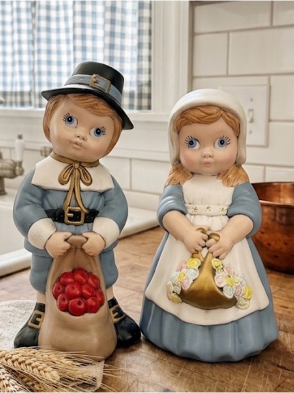 Vintage Hand Crafted Ceramic Pilgrim Boy and Girl Figurines Blue & Cream